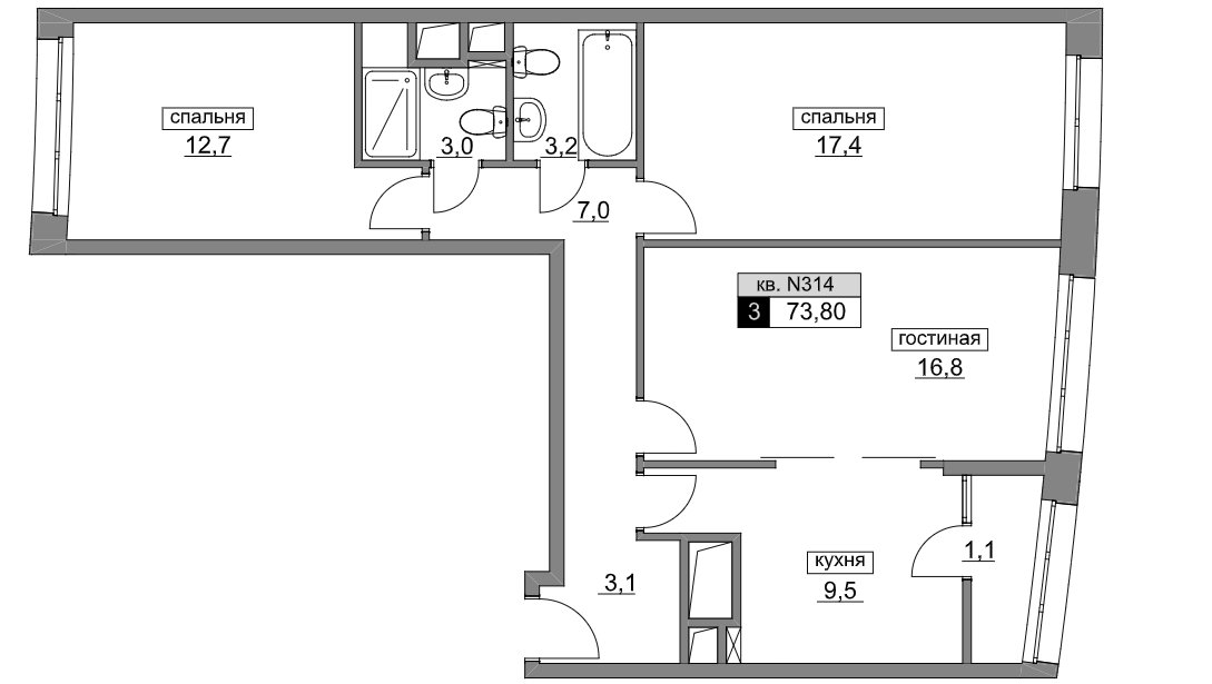 6 этаж 3-комнатн. 73.8 кв.м.