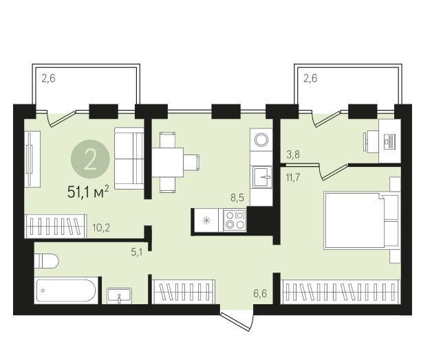 6 этаж 2-комнатн. 51.1 кв.м.