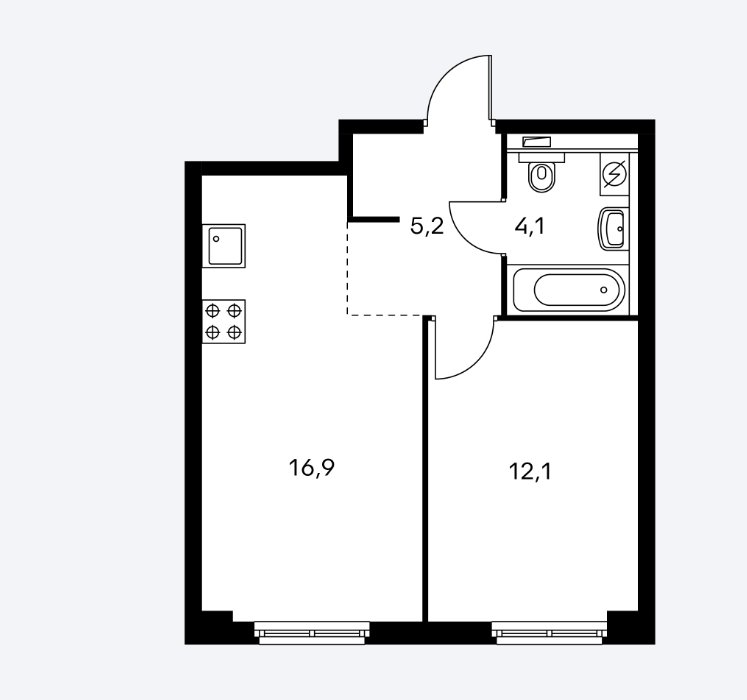 4 этаж 1-комнатн. 38.3 кв.м.