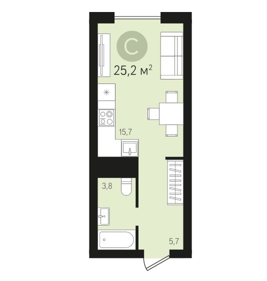 11 этаж 1-комнатн. 24.4 кв.м.
