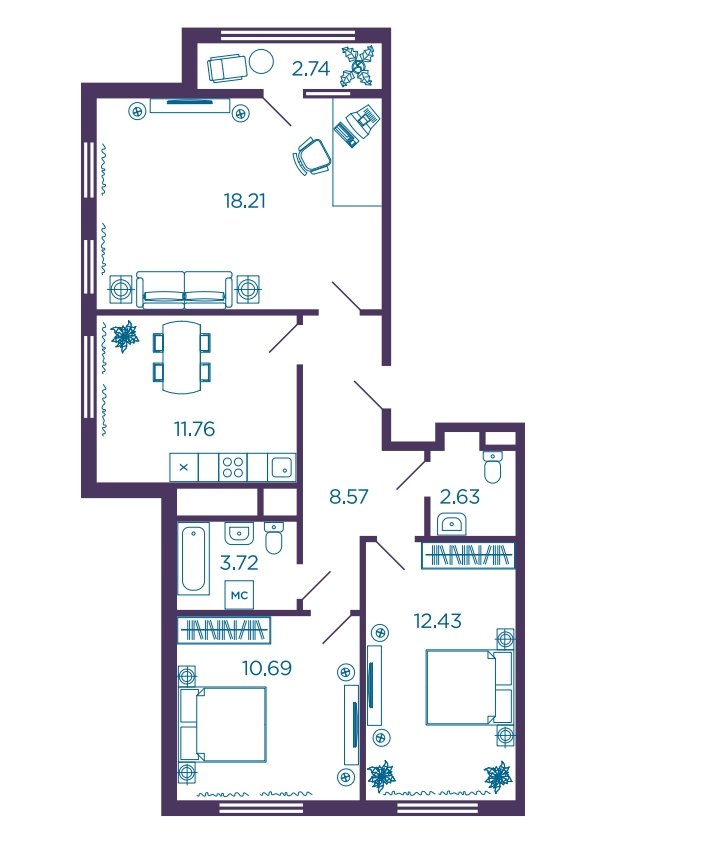 1 этаж 3-комнатн. 69.4 кв.м.