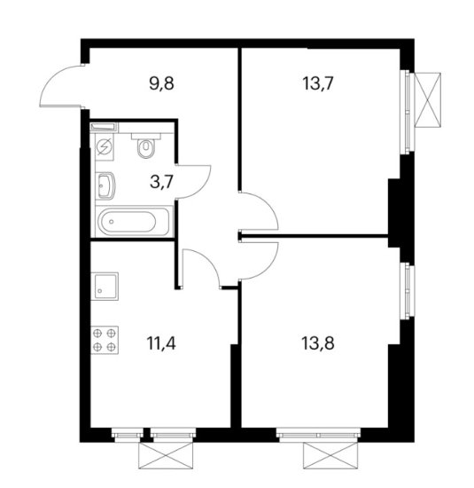 3 этаж 2-комнатн. 52.3 кв.м.