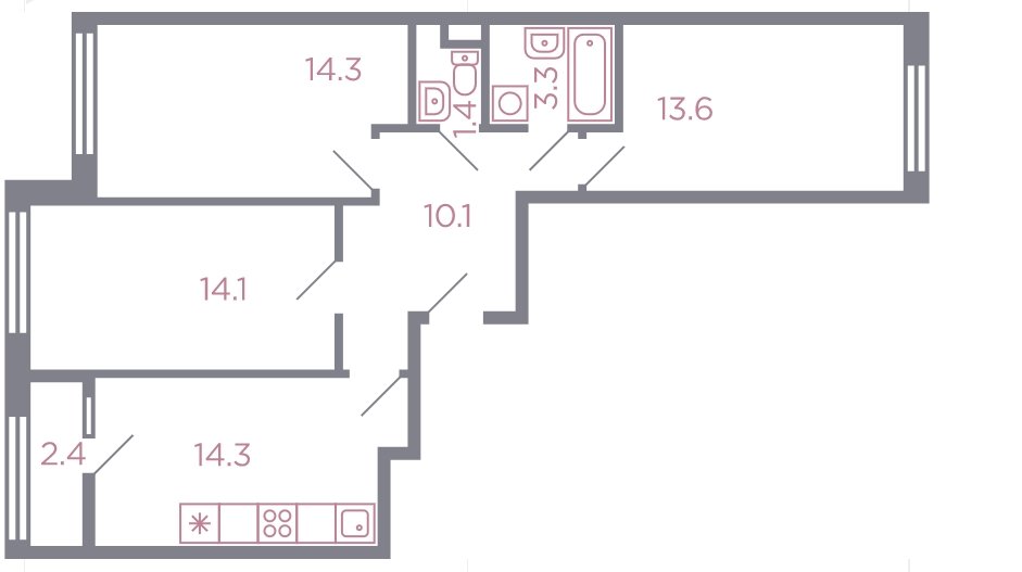 12 этаж 3-комнатн. 74.3 кв.м.