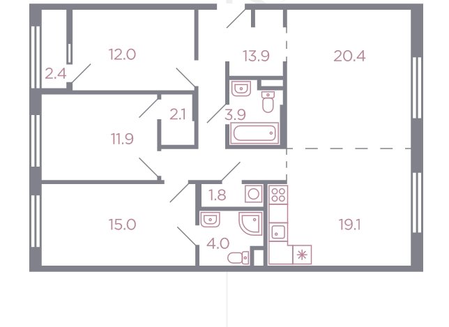 9 этаж 4-комнатн. 104.3 кв.м.