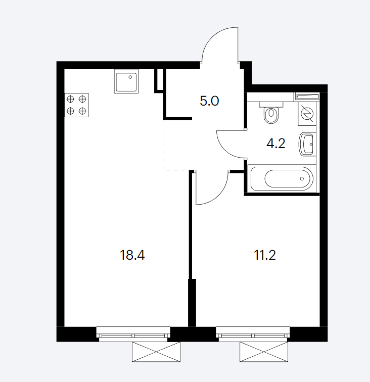 5 этаж 1-комнатн. 38.8 кв.м.