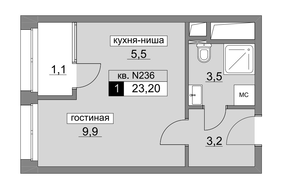 16 этаж 1-комнатн. 23.2 кв.м.