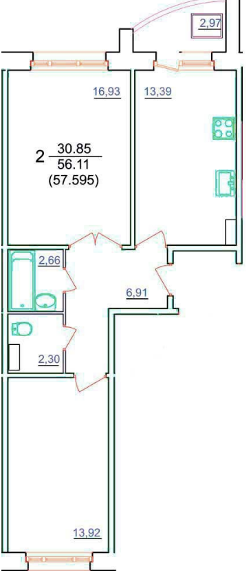 4 этаж 2-комнатн. 57.6 кв.м.