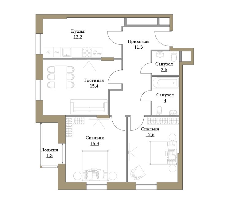 2 этаж 3-комнатн. 74.8 кв.м.