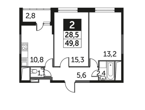 21 этаж 2-комнатн. 49.8 кв.м.