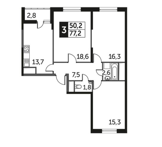 13 этаж 3-комнатн. 77.2 кв.м.