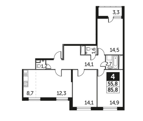 20 этаж 4-комнатн. 85.8 кв.м.