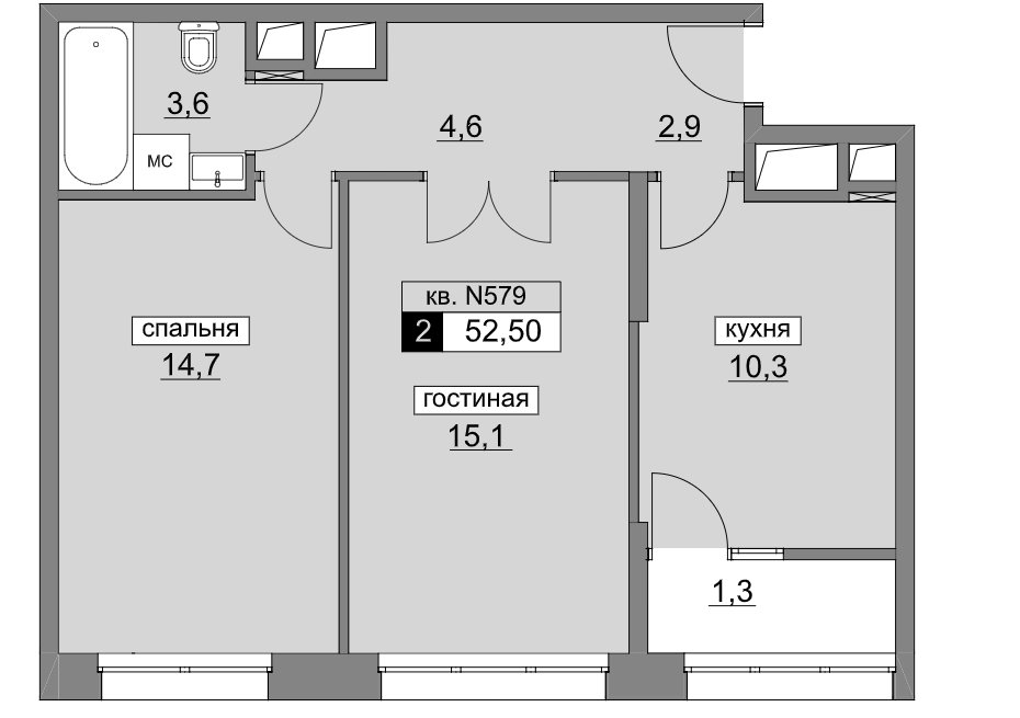 22 этаж 2-комнатн. 52.5 кв.м.