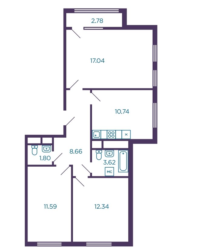 4 этаж 3-комнатн. 67.2 кв.м.