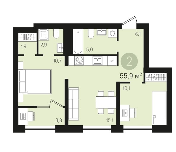 4 этаж 2-комнатн. 55.9 кв.м.