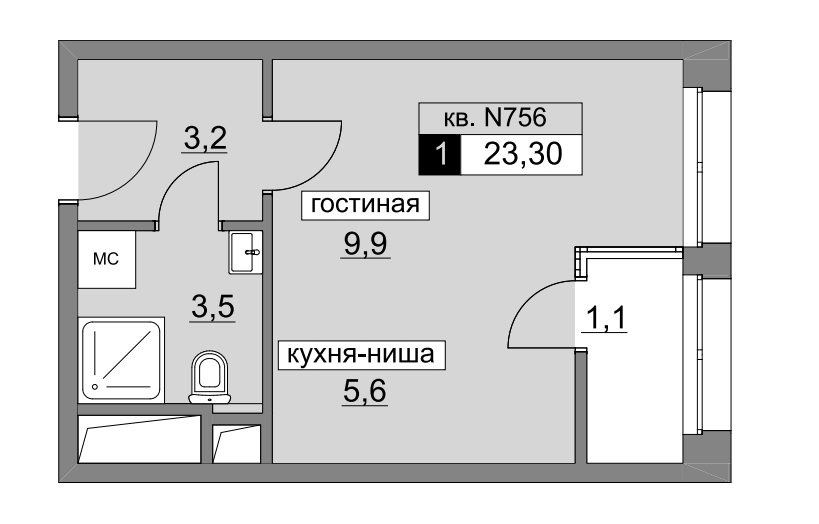 4 этаж 1-комнатн. 23.3 кв.м.
