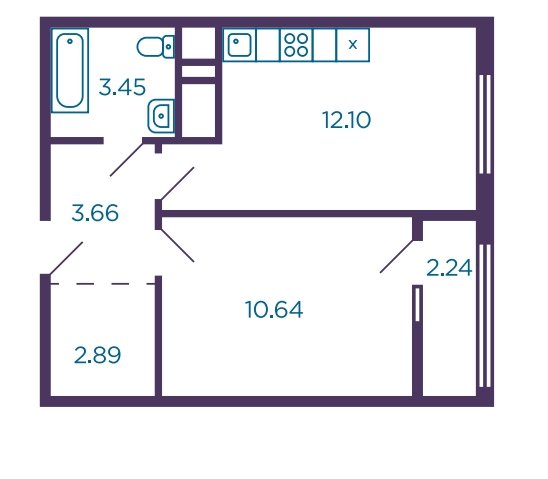 6 этаж 2-комнатн. 33.86 кв.м.