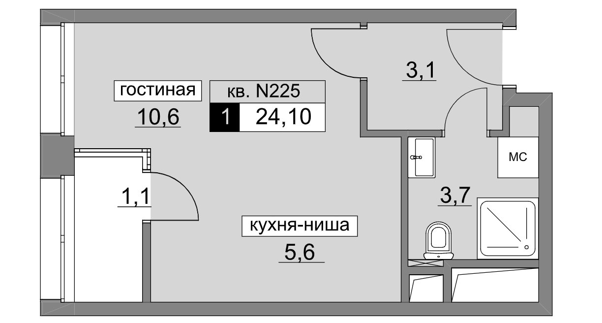 17 этаж 1-комнатн. 24.1 кв.м.