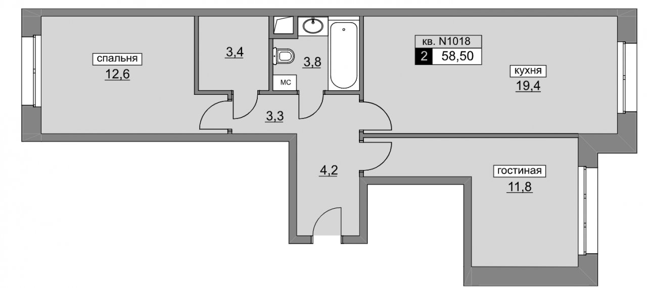 1 этаж 2-комнатн. 58.5 кв.м.