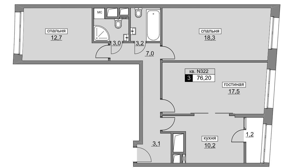 4 этаж 3-комнатн. 76.2 кв.м.
