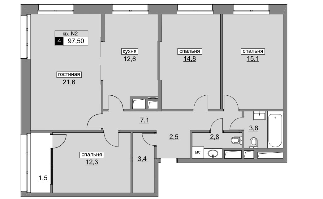 2 этаж 4-комнатн. 97.5 кв.м.