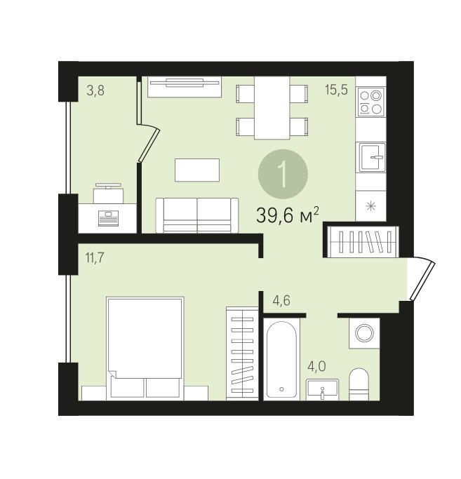 5 этаж 1-комнатн. 39.6 кв.м.