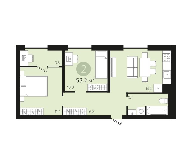 7 этаж 2-комнатн. 53.2 кв.м.