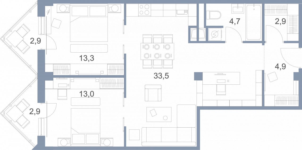 25 этаж 3-комнатн. 80.5 кв.м.