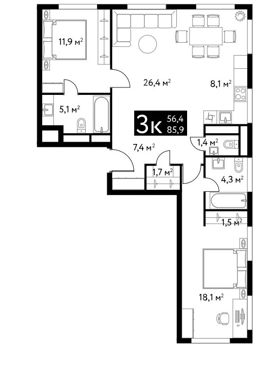 6 этаж 3-комнатн. 85.9 кв.м.