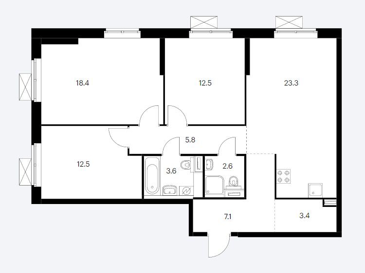 32 этаж 3-комнатн. 89.2 кв.м.