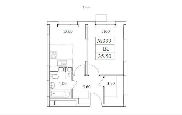 4 этаж 1-комнатн. 35.5 кв.м.