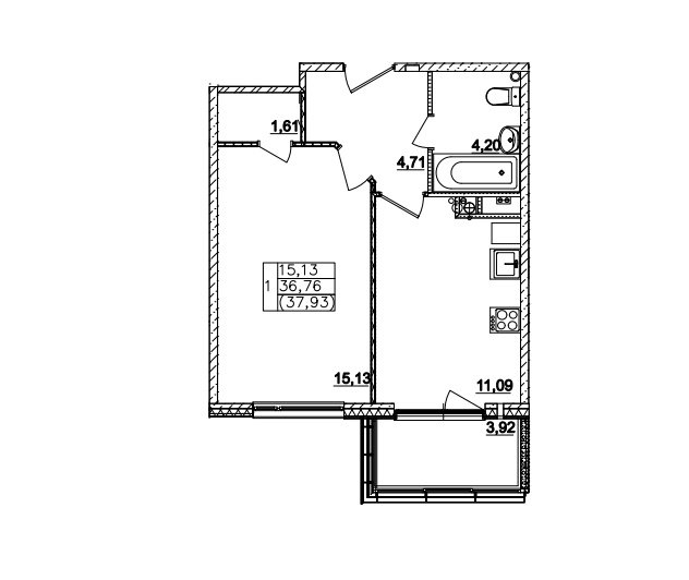 3 этаж 1-комнатн. 36.76 кв.м.