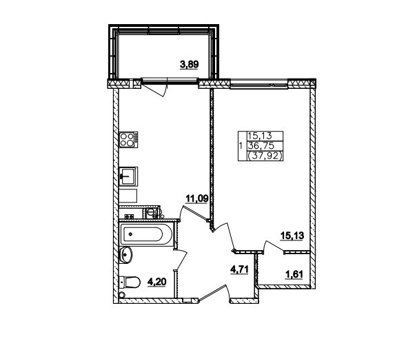 3 этаж 1-комнатн. 36.75 кв.м.