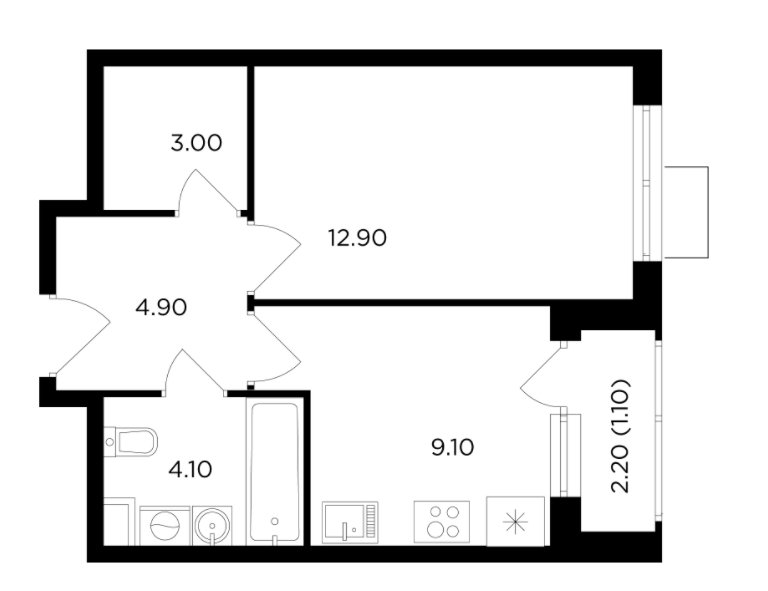 10 этаж 1-комнатн. 35.1 кв.м.