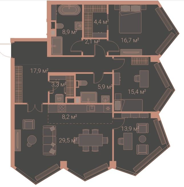 20 этаж 4-комнатн. 125.7 кв.м.