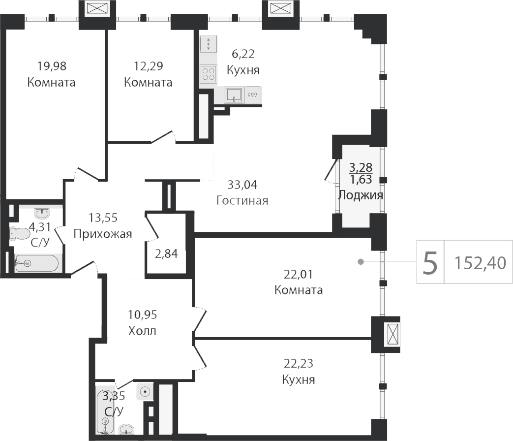 22 этаж 5-комнатн. 156 кв.м.