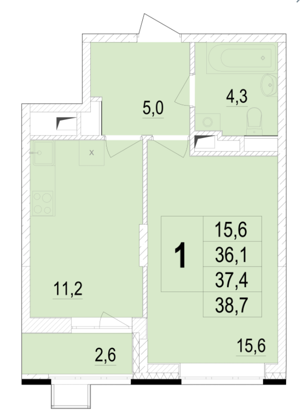 3 этаж 1-комнатн. 37.4 кв.м.