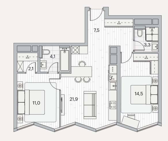 3 этаж 2-комнатн. 64.4 кв.м.