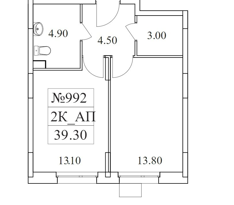 2 этаж 2-комнатн. 39.3 кв.м.