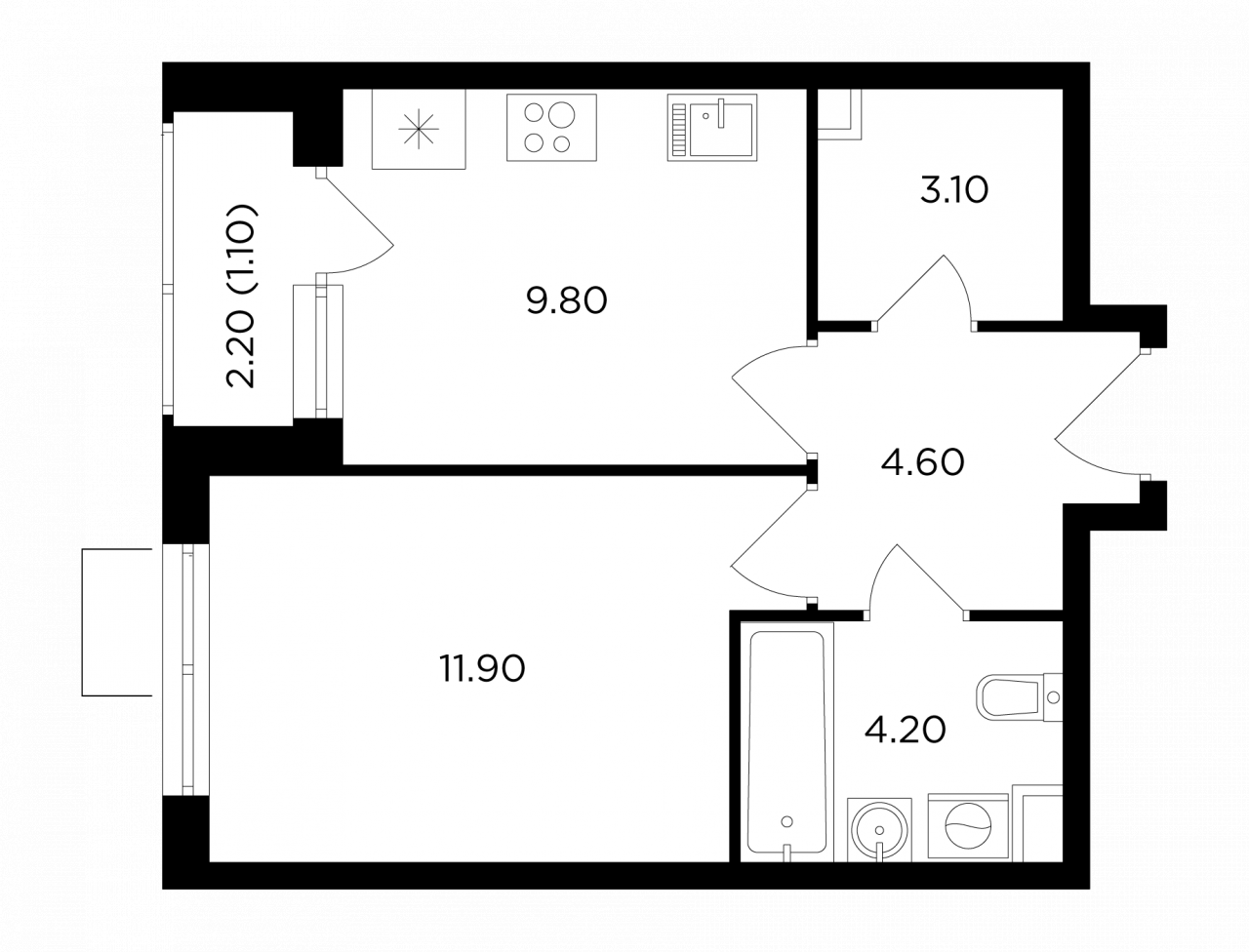11 этаж 1-комнатн. 34.7 кв.м.