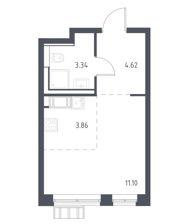 4 этаж 1-комнатн. 22.9 кв.м.