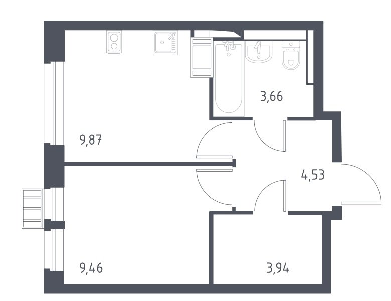 4 этаж 1-комнатн. 31.5 кв.м.