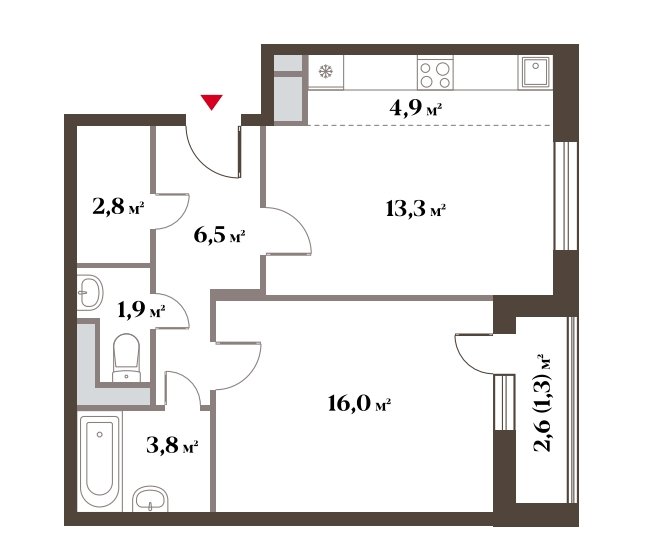 1 этаж 2-комнатн. 50.5 кв.м.