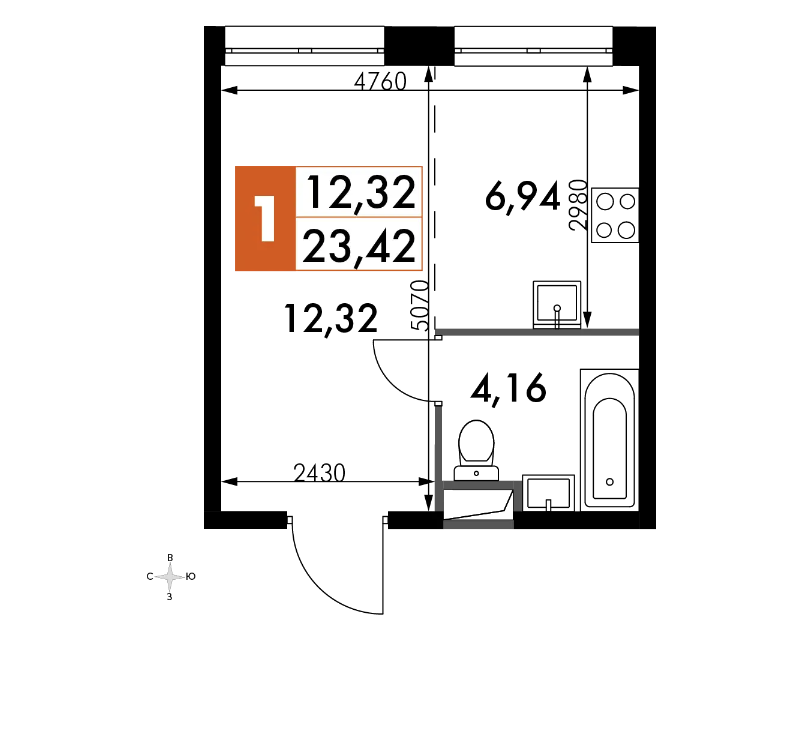 2 этаж 2-комнатн. 23.42 кв.м.