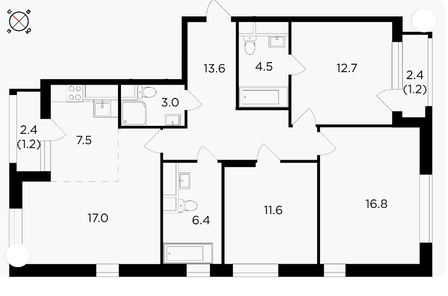 12 этаж 4-комнатн. 95.5 кв.м.