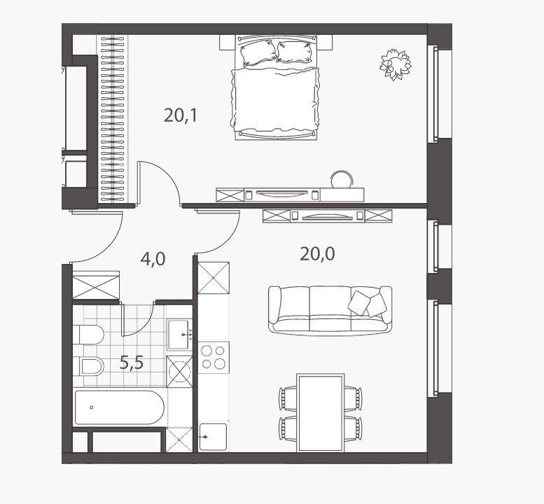 4 этаж 2-комнатн. 49.6 кв.м.